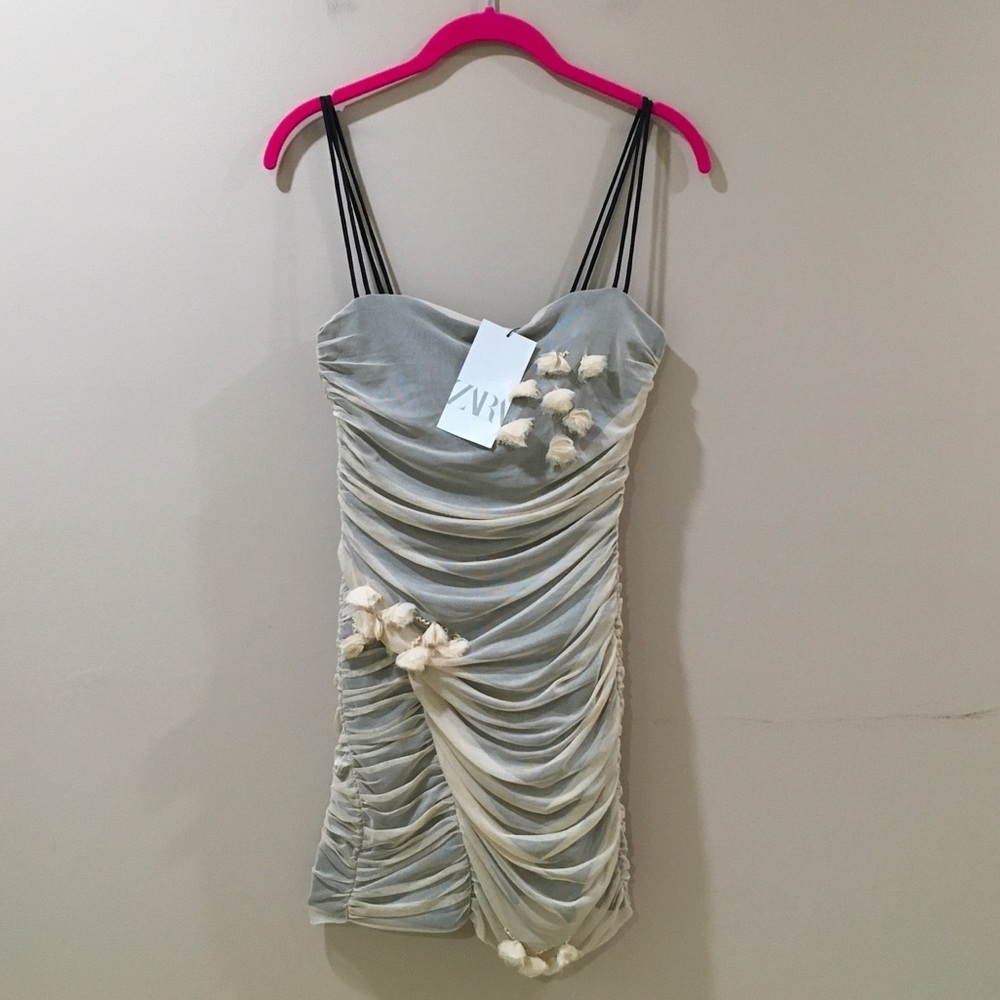 ZARA BEIGE-PINK FLORAL TULLE MINI DRESS REF:0881/327 Size S - Picture 6 of 11